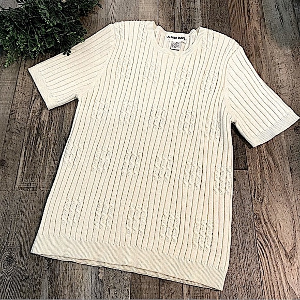 ALFRED DUNNER Cream Beaded Detail Knit ShortSleeve Sweater Vintage/Made in Japan